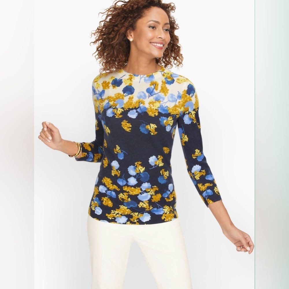 Talbots Pure CASHMERE AUDREY SWEATER PLACED FLORAL XS springtime